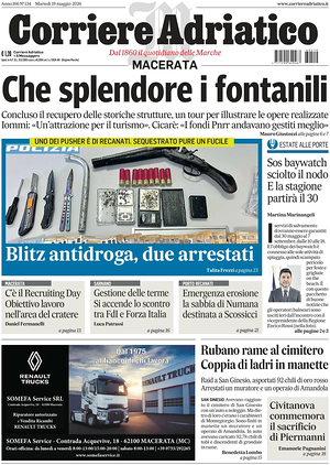 Prima pagina Corriere Adriatico (Macerata) di oggi - Quotidiano regionale