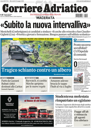 Prima pagina Corriere Adriatico (Macerata) di oggi - Quotidiano regionale