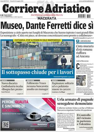 Prima pagina Corriere Adriatico (Macerata) di oggi - Quotidiano regionale