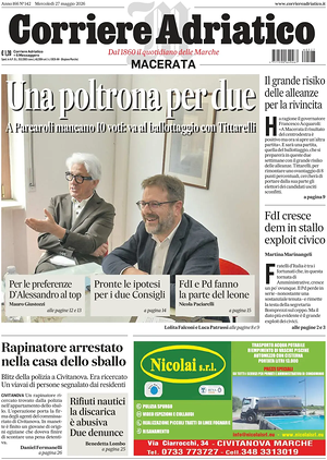 Prima pagina Corriere Adriatico (Macerata) di oggi - Quotidiano regionale