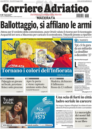 Prima pagina Corriere Adriatico (Macerata) di oggi - Quotidiano regionale