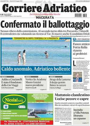 Prima pagina Corriere Adriatico (Macerata) di oggi - Quotidiano regionale