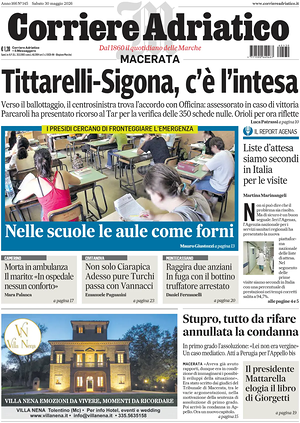 Prima pagina Corriere Adriatico (Macerata) di oggi - Quotidiano regionale