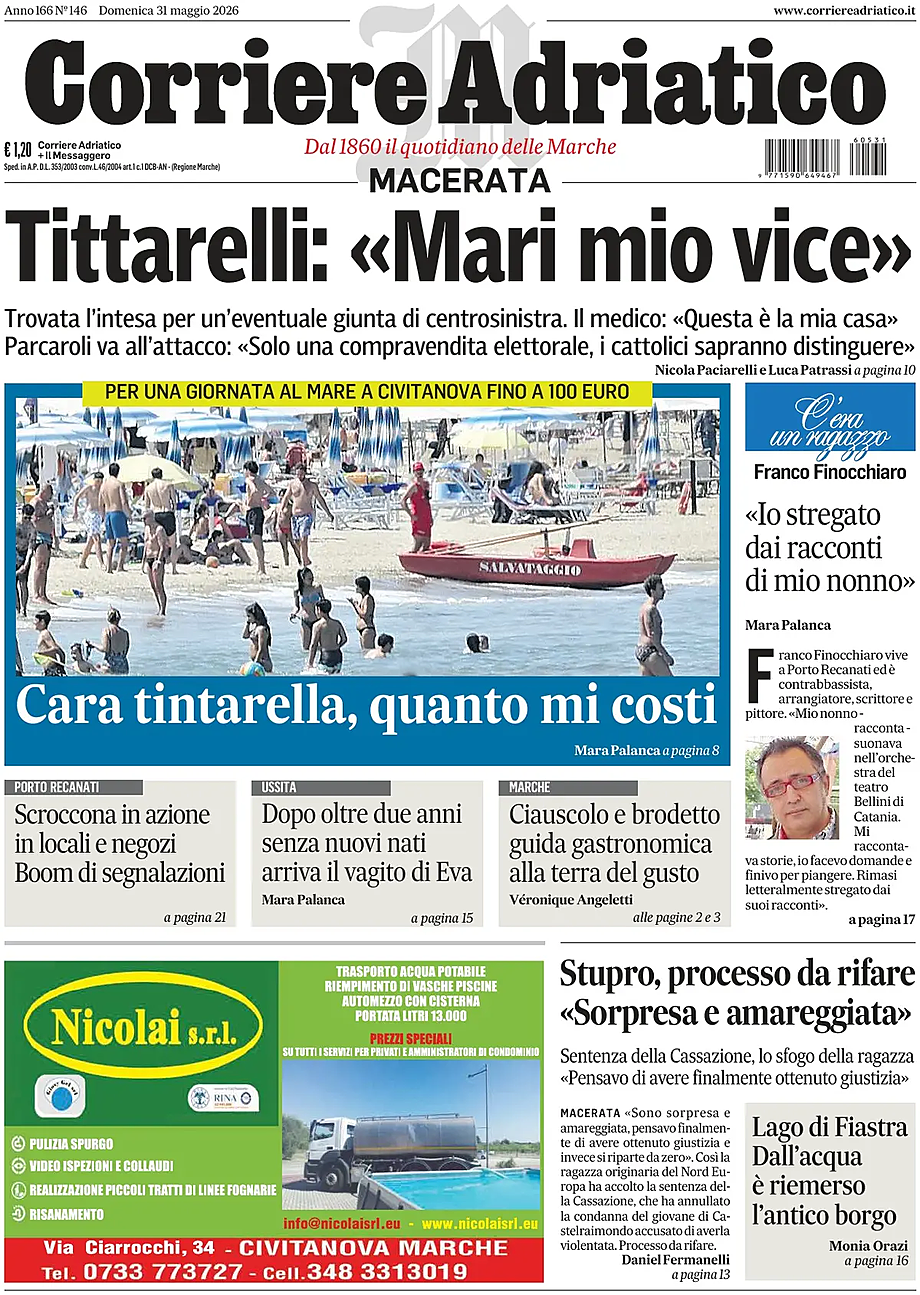 Prima pagina Corriere Adriatico (Macerata) di oggi - Edicola 31 Maggio 2026