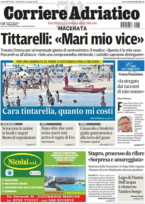 Prima pagina Corriere Adriatico (Macerata) di oggi - Quotidiano regionale