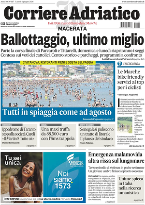 Prima pagina Corriere Adriatico (Macerata) di oggi - Quotidiano regionale