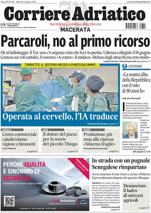 Prima pagina Corriere Adriatico (Macerata) di oggi - Quotidiano regionale