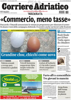 Prima pagina Corriere Adriatico (Macerata) di oggi - Quotidiano regionale