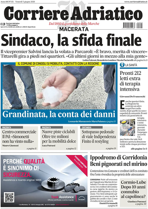 Prima pagina Corriere Adriatico (Macerata) di oggi - Quotidiano regionale