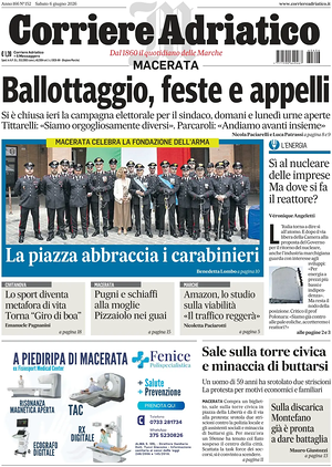 Prima pagina Corriere Adriatico (Macerata) di oggi - Quotidiano regionale