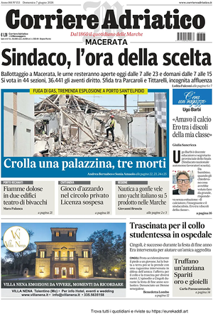 Prima pagina Corriere Adriatico (Macerata) di oggi - Quotidiano regionale