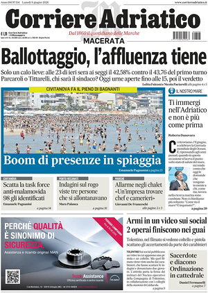 Prima pagina Corriere Adriatico (Macerata) di oggi - Quotidiano regionale