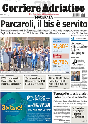 Prima pagina Corriere Adriatico (Macerata) di oggi - Quotidiano regionale