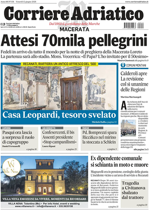 Prima pagina Corriere Adriatico (Macerata) di oggi - Quotidiano regionale
