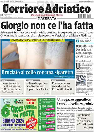 Prima pagina Corriere Adriatico (Macerata) di oggi - Quotidiano regionale