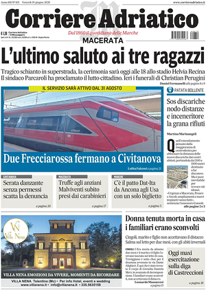 Prima pagina Corriere Adriatico (Macerata) di oggi - Quotidiano regionale