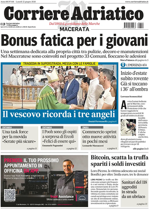 Prima pagina Corriere Adriatico (Macerata) di oggi - Quotidiano regionale