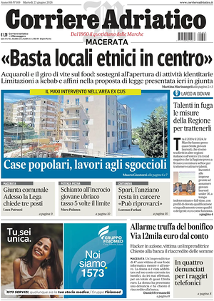 Prima pagina Corriere Adriatico (Macerata) di oggi - Quotidiano regionale