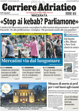Prima pagina Corriere Adriatico (Macerata) di oggi - Quotidiano regionale
