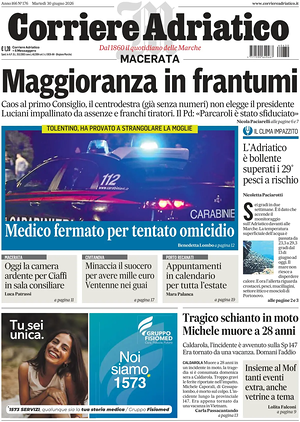 Prima pagina Corriere Adriatico (Macerata) di oggi - Quotidiano regionale