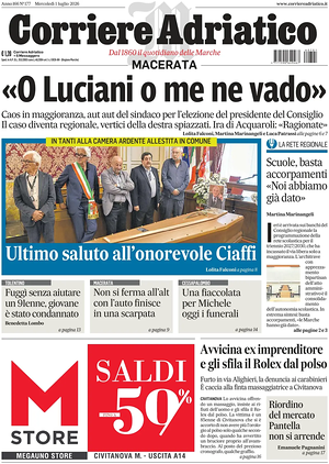 Prima pagina Corriere Adriatico (Macerata) di oggi - Quotidiano regionale