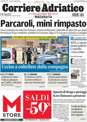 Prima pagina Corriere Adriatico (Macerata) di oggi - Quotidiano regionale