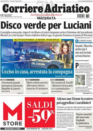 Prima pagina Corriere Adriatico (Macerata) di oggi - Quotidiano regionale