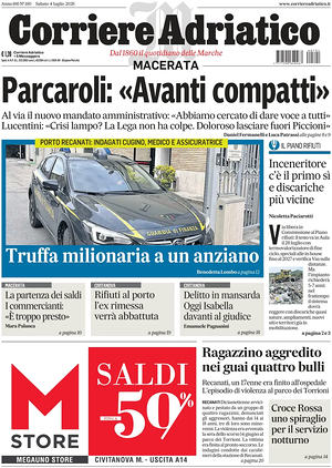 Prima pagina Corriere Adriatico (Macerata) di oggi - Quotidiano regionale