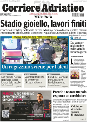 Prima pagina Corriere Adriatico (Macerata) di oggi - Quotidiano regionale