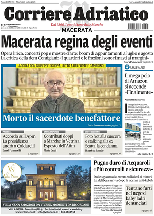 Prima pagina Corriere Adriatico (Macerata) di oggi - Quotidiano regionale