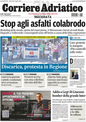 Prima pagina Corriere Adriatico (Macerata) di oggi - Quotidiano regionale