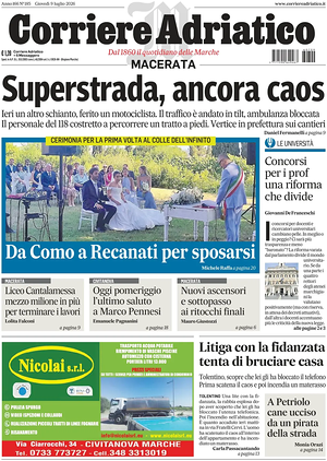 Prima pagina Corriere Adriatico (Macerata) di oggi - Quotidiano regionale