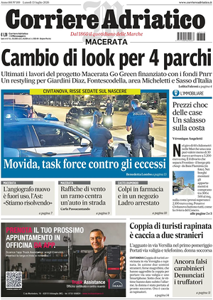 Prima pagina Corriere Adriatico (Macerata) di oggi - Quotidiano regionale