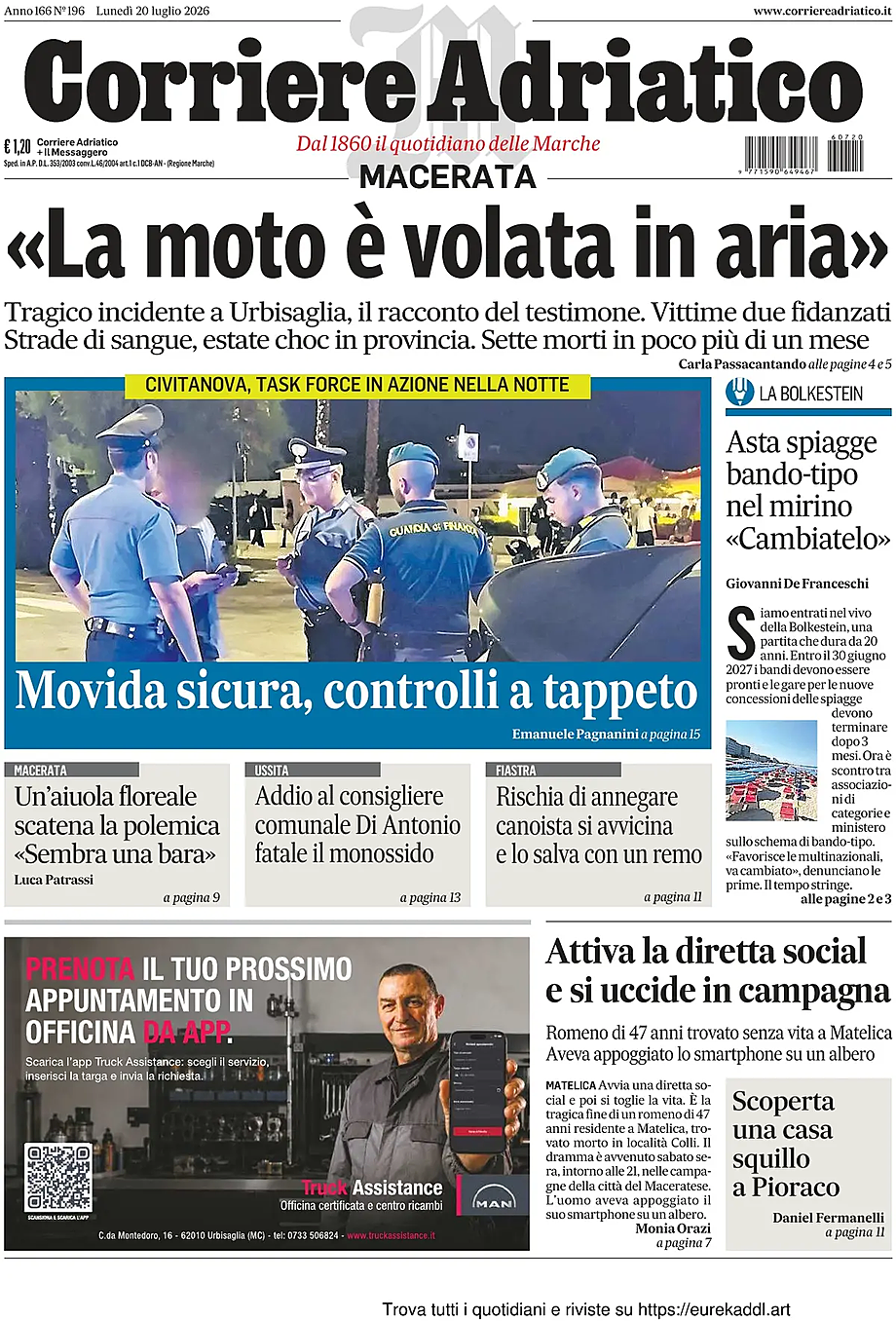 Prima pagina Corriere Adriatico (Macerata) di oggi - Edicola 20 Luglio 2026