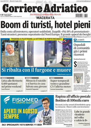 Prima pagina Corriere Adriatico (Macerata) di oggi - Quotidiano regionale