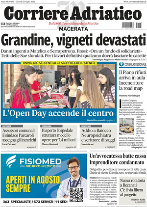 Prima pagina Corriere Adriatico (Macerata) di oggi - Quotidiano regionale