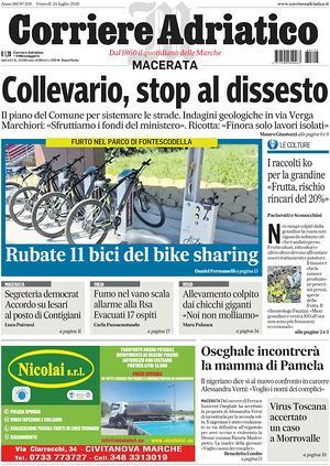 Prima pagina Corriere Adriatico (Macerata) di oggi - Quotidiano regionale