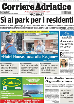Prima pagina Corriere Adriatico (Macerata) di oggi - Quotidiano regionale