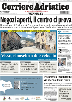 Prima pagina Corriere Adriatico (Macerata) di oggi - Quotidiano regionale