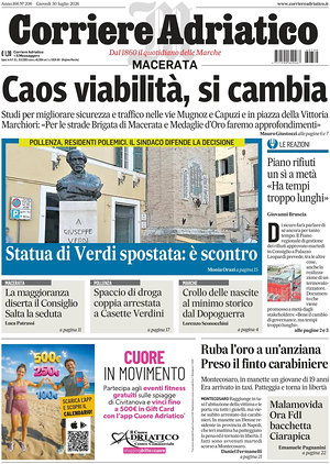 Prima pagina Corriere Adriatico (Macerata) di oggi - Quotidiano regionale