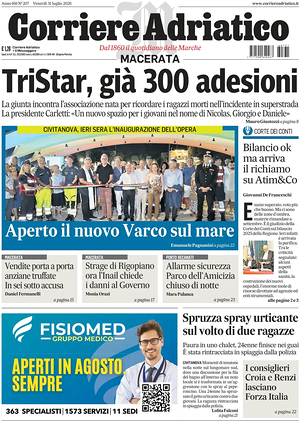 Prima pagina Corriere Adriatico (Macerata) di oggi - Quotidiano regionale