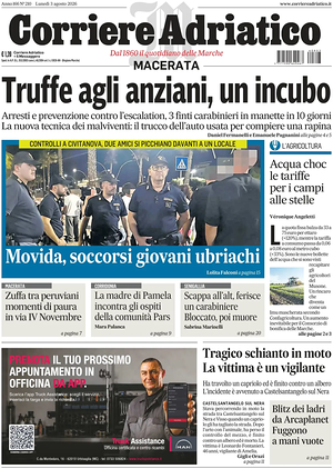Prima pagina Corriere Adriatico (Macerata) di oggi - Quotidiano regionale