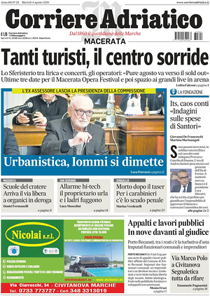 Prima pagina Corriere Adriatico (Macerata) di oggi - Quotidiano regionale