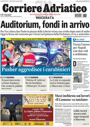 Prima pagina Corriere Adriatico (Macerata) di oggi - Quotidiano regionale