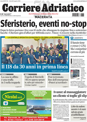 Prima pagina Corriere Adriatico (Macerata) di oggi - Quotidiano regionale