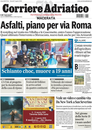 Prima pagina Corriere Adriatico (Macerata) di oggi - Quotidiano regionale