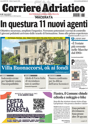 Prima pagina Corriere Adriatico (Macerata) di oggi - Quotidiano regionale