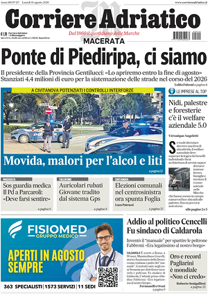 Prima pagina Corriere Adriatico (Macerata) di oggi - Quotidiano regionale