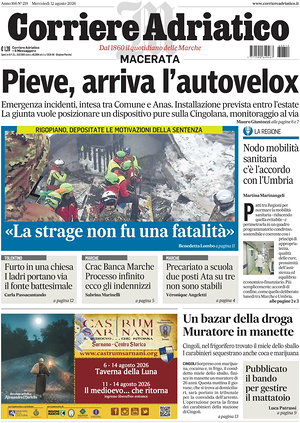 Prima pagina Corriere Adriatico (Macerata) di oggi - Quotidiano regionale