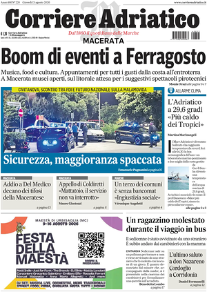 Prima pagina Corriere Adriatico (Macerata) di oggi - Quotidiano regionale